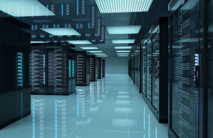 Dark servers data center room with computers and storage systems 3D rendering